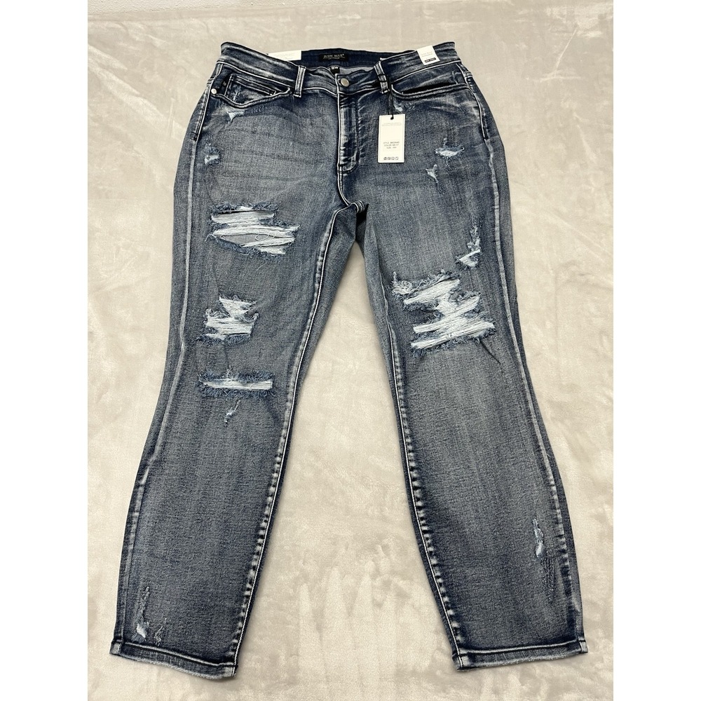 Judy Blue Jeans Women 18W Blue Boyfriend Distressed High Waist JB82284MD-PL NWT